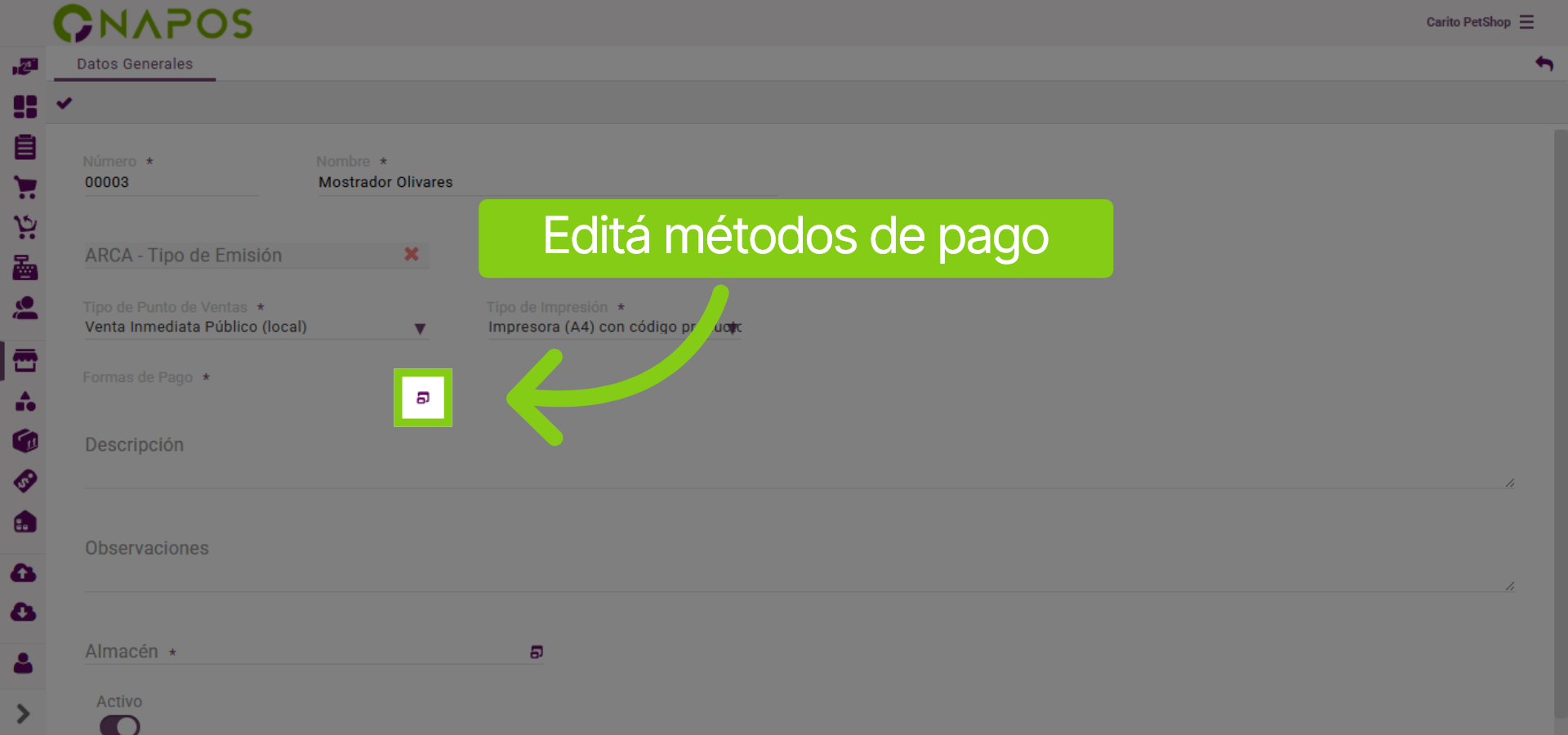 Editar métodos de pago
