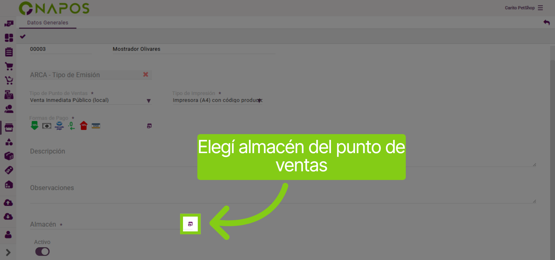 Elegir almacén del punto de ventas