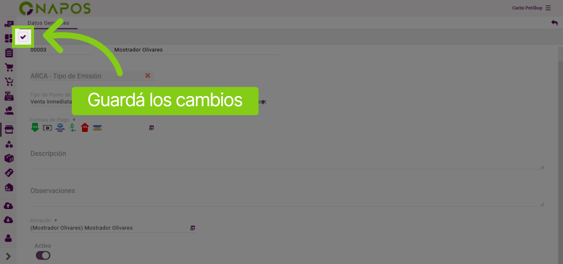 Guardar los cambios del Punto de Ventas