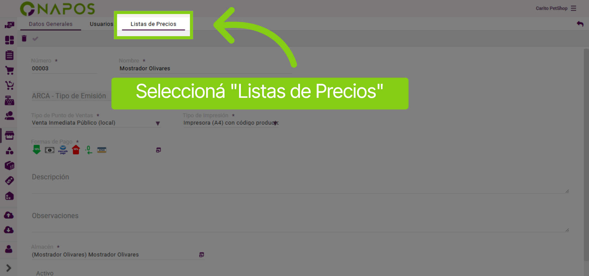 Asignar listas de precios al punto de ventas