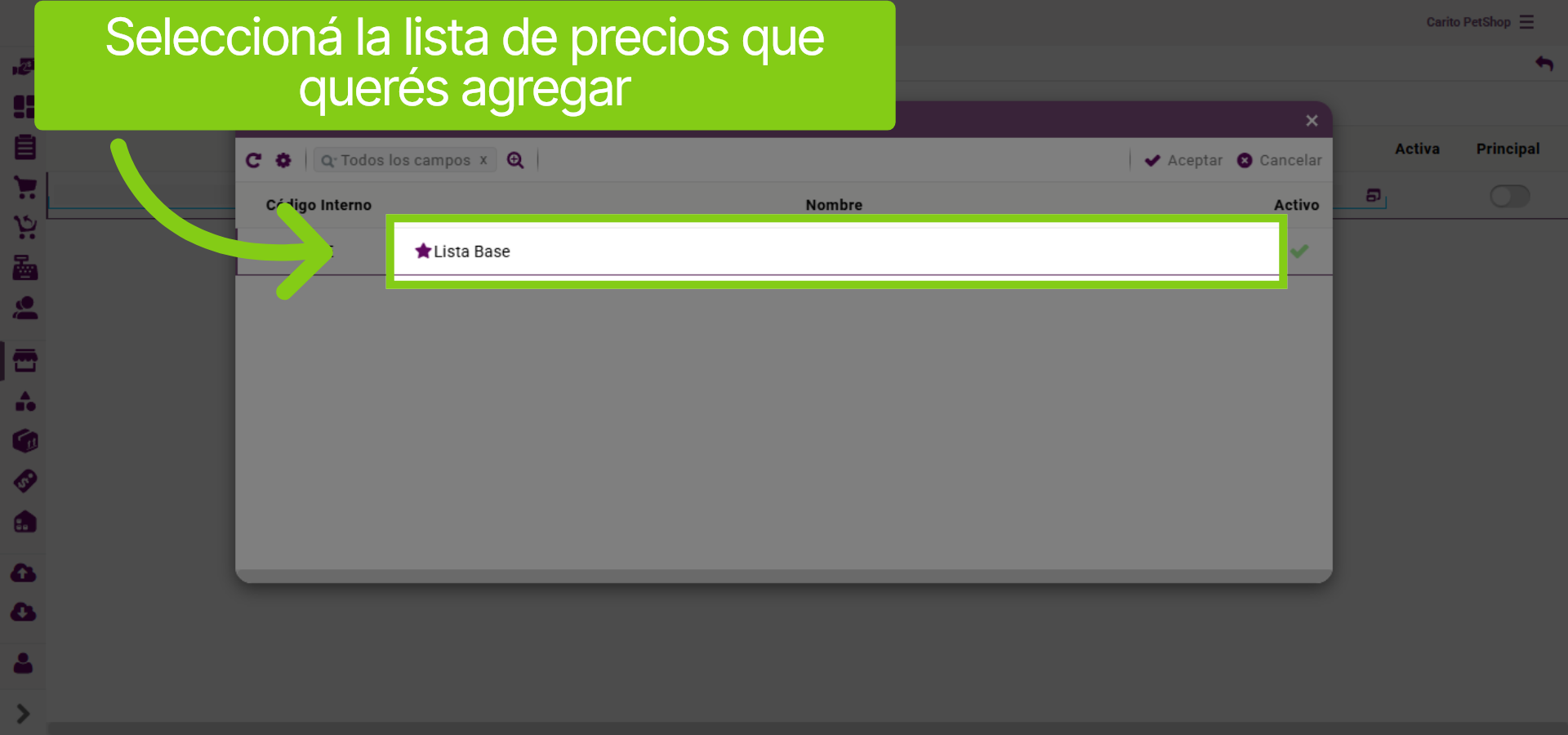 Seleccionar Lista de Precios a Asignar
